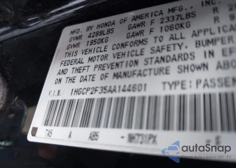 2010 Honda Accord 2.4 Lx from USA, damaged, VIN 1HGCP2F35AA144601